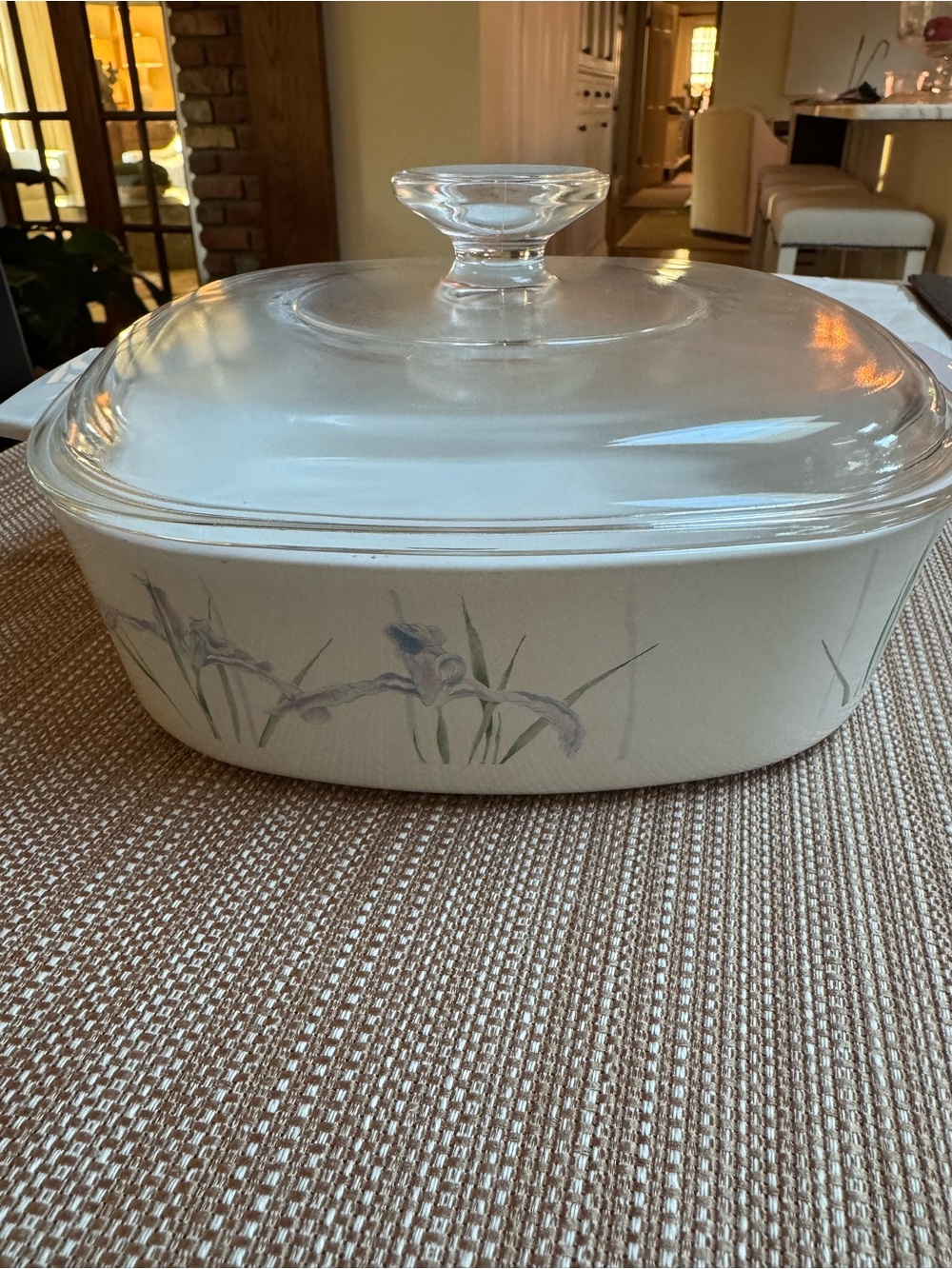 Shadow Iris Covered Casserole Dish with Floral Iris Design - White